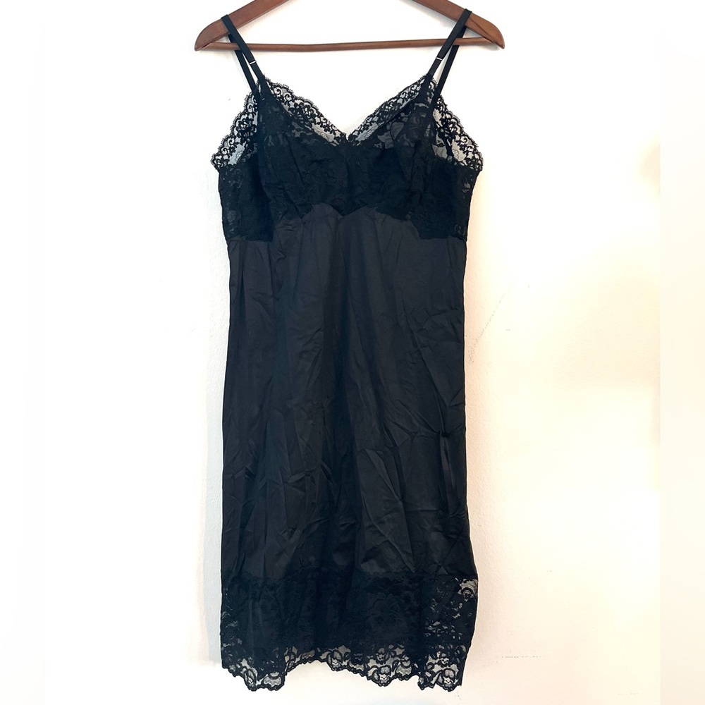 VTG 50/60s Vanity Fair Black Lace Chemise/Nightie/Slip/Negligée Lacey Dress 36 S